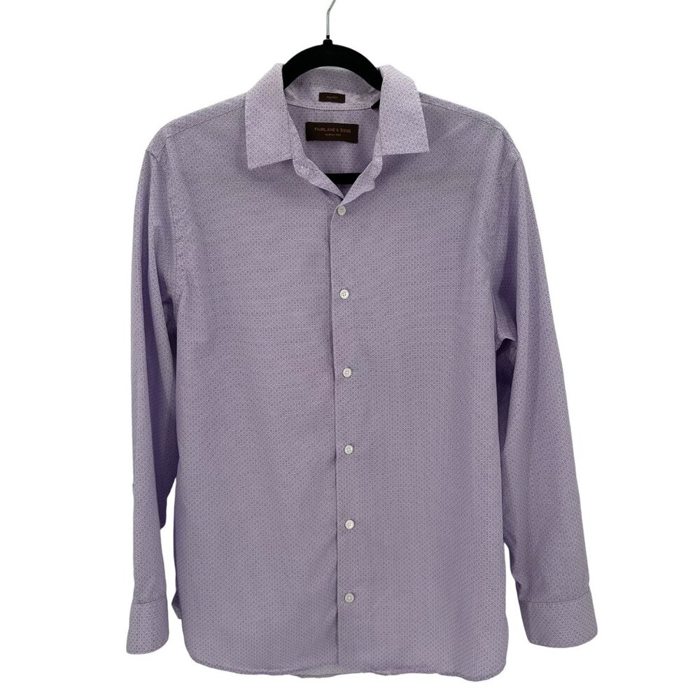Fairlane & Sons Mens Wrinkle Free Purple Geo Print Cotton Shirt M Short